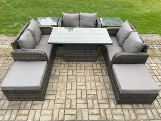 Fimous Rattan Garden Outdoor Furniture 3 PC Love Sofa Set Patio Adjustable Rising lifting Dining Table With 2 Side Tables 2 Big Footstool in Dark Grey