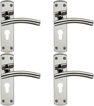 Loops 4x Curved Lever on Euro Lock Backplate Handle 172 x 44mm Polished & Satin Steel