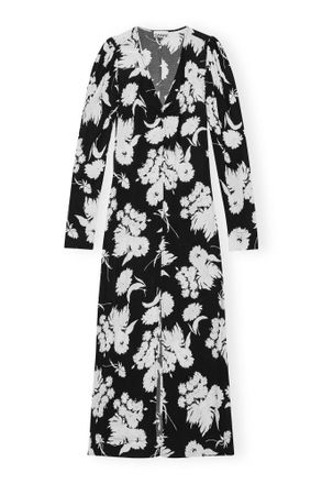 Ganni Black Printed Crepe V-neck Dress - Size 8/10 LENZING&acirc;&cent; ECOVERO&acirc;&cent;