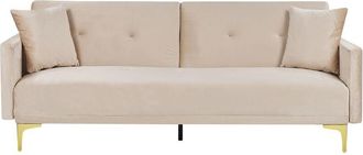 Beliani Sof&aacute; Cama Con Asiento Abotonado De Terciopelo Beige De 3 Plazas Sala De Estar Tradicional Mecanismo De Click Clack Lucan