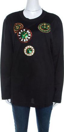 Escada Black Rib Knit Cotton Embellished Clock Applique Long Sleeve Top