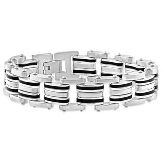 Pompeii3 Mens Steel Brushed And Black Two Tone 16.5mm Link Flexible 8 Bracelet