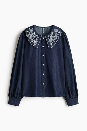 H&M Embroidered-collar Denim Blouse in Dark Denim Blue at Nordstrom, Size X-Small