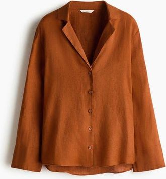 H&M Oversized Linen Shirt in Dark Orange at Nordstrom, Size Xx-Small