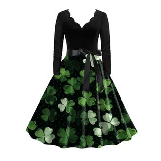 Generic St Patricks Day Dress for Women Green Shamrock Dresses Irish Lady Fancy Dresses Long Sleeve V Neck Tunic Skirt Bodycon Rockabilly Swing Dress Evening 