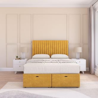Sloomy Manhattan Plush Fabric Ottoman Bed End Opening With Sprung Memory Mattress & 26 Inch Headboard in Gold | Size: Single