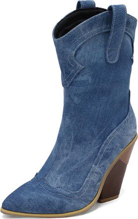 Generic Womens Pull on Western Cowboy Boots Pointed Toe Short Boots Chunky Block Heel Wide-Calf Booties,Blue,4.5 UK