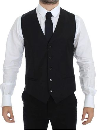 Dolce & Gabbana Elegante Zwarte Wol-Zijde Vest - Heren - Gillet - Zwart - M - Wol - Kostuums