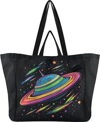 Generic Colorful Planet Stars pattern Reusable Canvas Tote Bag, Heavy Duty Grocery Shopping Bag with Large Capacity Double Handles Hard Bottom Work Groceries 