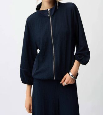 Joseph Ribkoff Seersucker & Memory Bomber Jacket In Midnight Blue