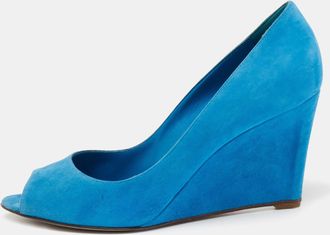 Sergio Rossi Blue Suede Peep Toe Wedge Pumps
