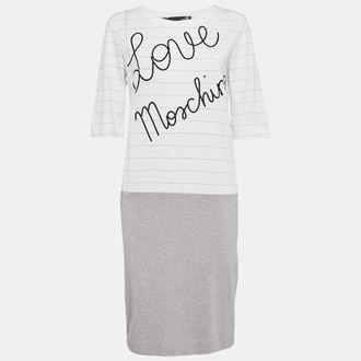 Love Moschino White & Grey Book Paper Printed Cotton T-Shirt Dress