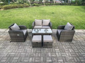 Fimous PE Wicker Rattan Garden Furniture Set Love Sofa Reclining Chair Outdoor Rectangular Coffee Table Stools in Dark Grey
