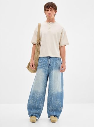 Djab Mens Floral pattern light-blue baggy jean Barrel fit Imported from Seoul