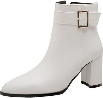 Generic Womens PU Leather Short Boots with Side Zipper Pointed Toe Chelsea Boots Block Heel Ankle Boot with Buckle,White,3.5 UK