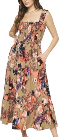 Entro Floral Print Smocked Midi Dress In Taupe