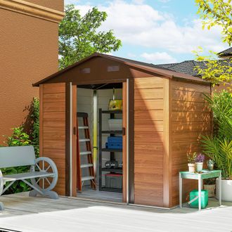 OUTSUNNY 8 x 6ft Garden Shed Wood Effect Tool Storage Sliding Door Wood Grain in Brown