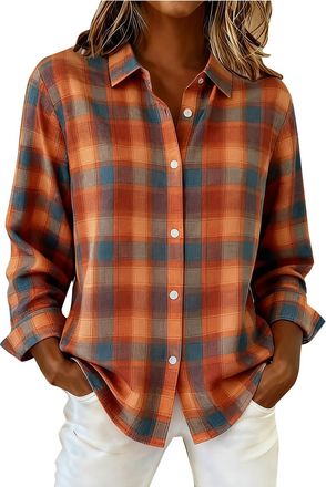 Generic Checked Shirt Womens Plaid Shirt Oversized Long Sleeve Button Down Flannel Blouse Loose Casual Tops Classic Check Design Soft Comfortable Daily Wear L