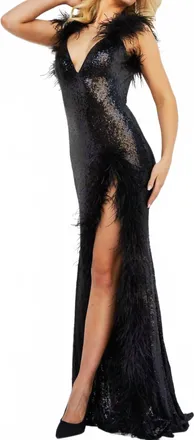 Jovani V-Neckline Feather Accented Strap Open Back Slit Dress In Black