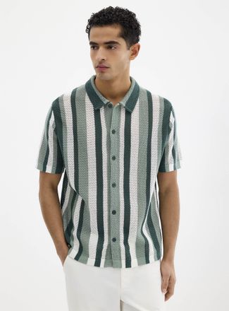 Le 31 Mens Striped pointelle-knit polo-collar Cardigan Sweater