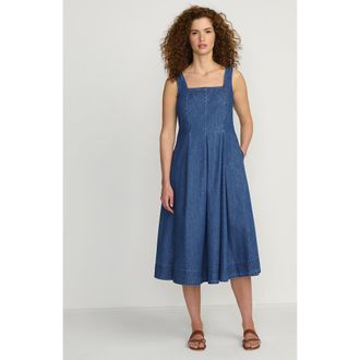 Lands End Pleated Square Neck Cotton Poplin Midi Dress in Lima Blue at Nordstrom, Size 12