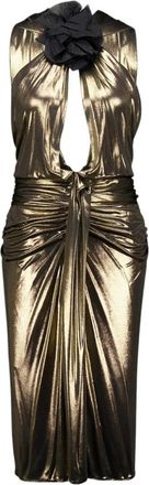 Saint Laurent Gouden Gelamineerde Halternek Midi Jurk - Dames - Feestkleedjes - Geel - M - Kleedjes