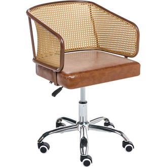 Beliani Silla De Oficina Retro De Piel Sint&eacute;tica Respaldo De Rat&aacute;n Sint&eacute;tico Trenza Vienesa Giratoria Ajustable Marr&oacute;n Tucson