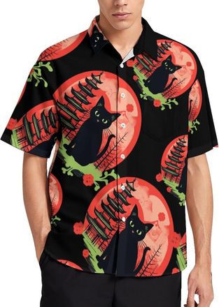 Generic Japanese Style Cat Flowers Mens Shirt Casual Button Down Shirts Summer Lapel Short Sleeve Shirts for Beach Office 3XL
