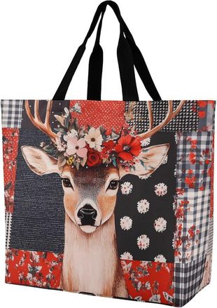 Generic Deer Woodland Patchwork Large Reusable Shopping Bag Lightweight Foldable Tote Bags Washable Shoulder Handbag