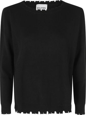 Kujten Mela Black Fringed Crewneck Cashmere Sweater