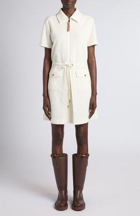 Moncler Stretch Tweed Half Zip Dress in White at Nordstrom, Size Xx-Small