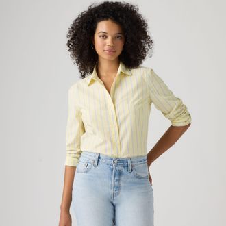 Levi's Carlile Classic Poplin Shirt - Womens - L - Yellow / Adora Stripe French Vanilla