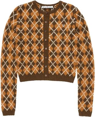 Acne Studios Boucl&eacute; Argyle Gebreide Cardigan - Dames - Vesten - Bruin - M - Katoen - Truien & Vesten
