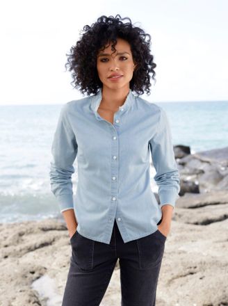 Heine Jeansbluse HEINE, Damen, Gr. 44, blau (blau, bleached), 100% Baumwolle, unifarben, Blusen Jeansbluse