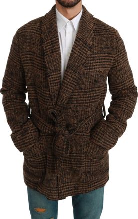 Dolce & Gabbana Brown Checkered Wool Robe Coat Wrap Mens Jacket
