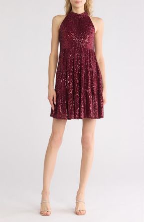 Eliza J Sequin Halter Tiered Dress in Wine at Nordstrom Rack, Size 10