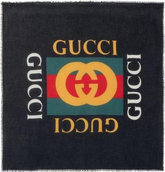 Gucci Black Logo Print Wool & Silk Scarf