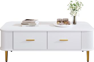 STILVORA Mesa De Centro Con 4 Cajones Y Esquinas Redondeadas, Laterales Ondulados, Tiradores Y Patas Dorados, Mdf, Blanco, 105&times;51&times;38 Cm