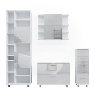 Vicco Conjunto De Muebles De Cuarto De Ba&ntilde;o Ilias, Blanco Alto Brillo, 4 Piezas, Con Mueble Alto