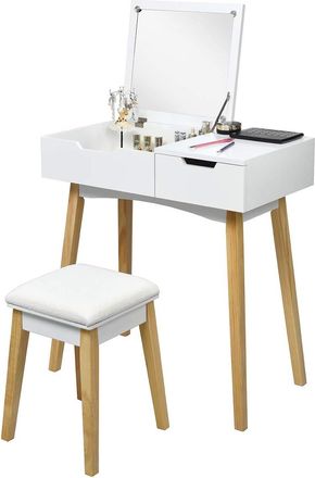 Costway Costway Tocador De Maquillaje Con Espejo Y Taburete Mesa Escritorio Mesa Cosm&eacute;tica Para Dormitorio Sal&oacute;n Blanco