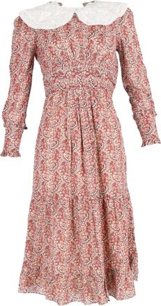 BA&SH Ba & Sh Peter Pan Collar Printed Midi Dress in Red Polyester