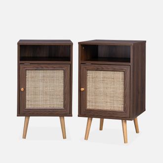Sweeek Sweeek - Mesita De Noche Escandinava De Mimbre, Set De 2, Boheme, Madera Oscura, 39x40x70 Cm