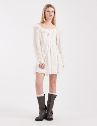 Miss Selfridge Vestito milkmaid in chiffon e pizzo &eacute;cru-Bianco