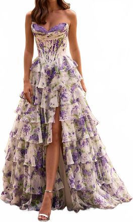 Sherri Hill Ruffle Skirt Strapless Floral Dress In Ivory/purple/green Print