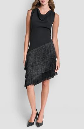 DKNY Cowl Neck Asymmetric Fringe Dress in Black at Nordstrom, Size 16