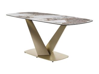 Vente-Unique Mesa de comedor 6 personas de cer&aacute;mica, vidrio templado y metal dorado - Efecto m&aacute;rmol blanco y gris - PORELIMA de Maison C&eacute;phy