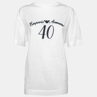 Emporio Armani White Cotton Logo Embroidered Crew Neck Top