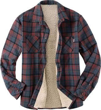 Generic Mens Jacket Sale Clearance Mens Warm Sherpa Lined Fleece Flannel Shirt Long Sleeve Checked Shirt Button Down Lumberjack Casual Regular Fit Cotton Work