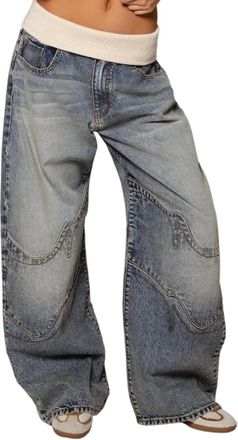 Generic Womens Spring and Autumn Retro Loose Casual High-Waisted Stretch Wide-Leg Jeans Y2K Fashion Loose Street Trend Punk Gothic Straight Leg Jeans (Blue,XL