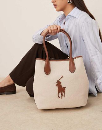 Polo Ralph Lauren Borsa shopping piccola in tela beige con logo 100% pelle-Neutro